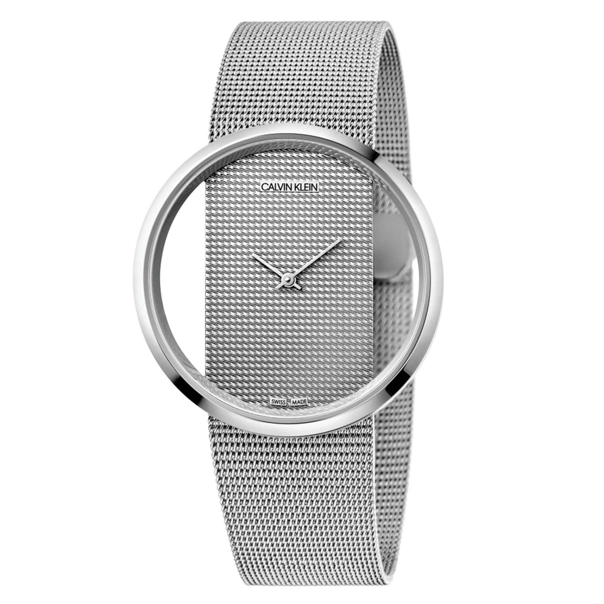 Round silver ladies quartz wristwatch with textured dial and stainless mesh strap