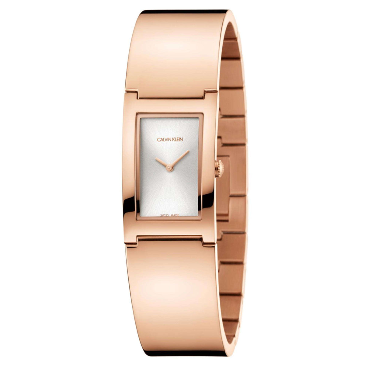 Women's rose gold rectangular dial watch with metal bracelet and centered logo