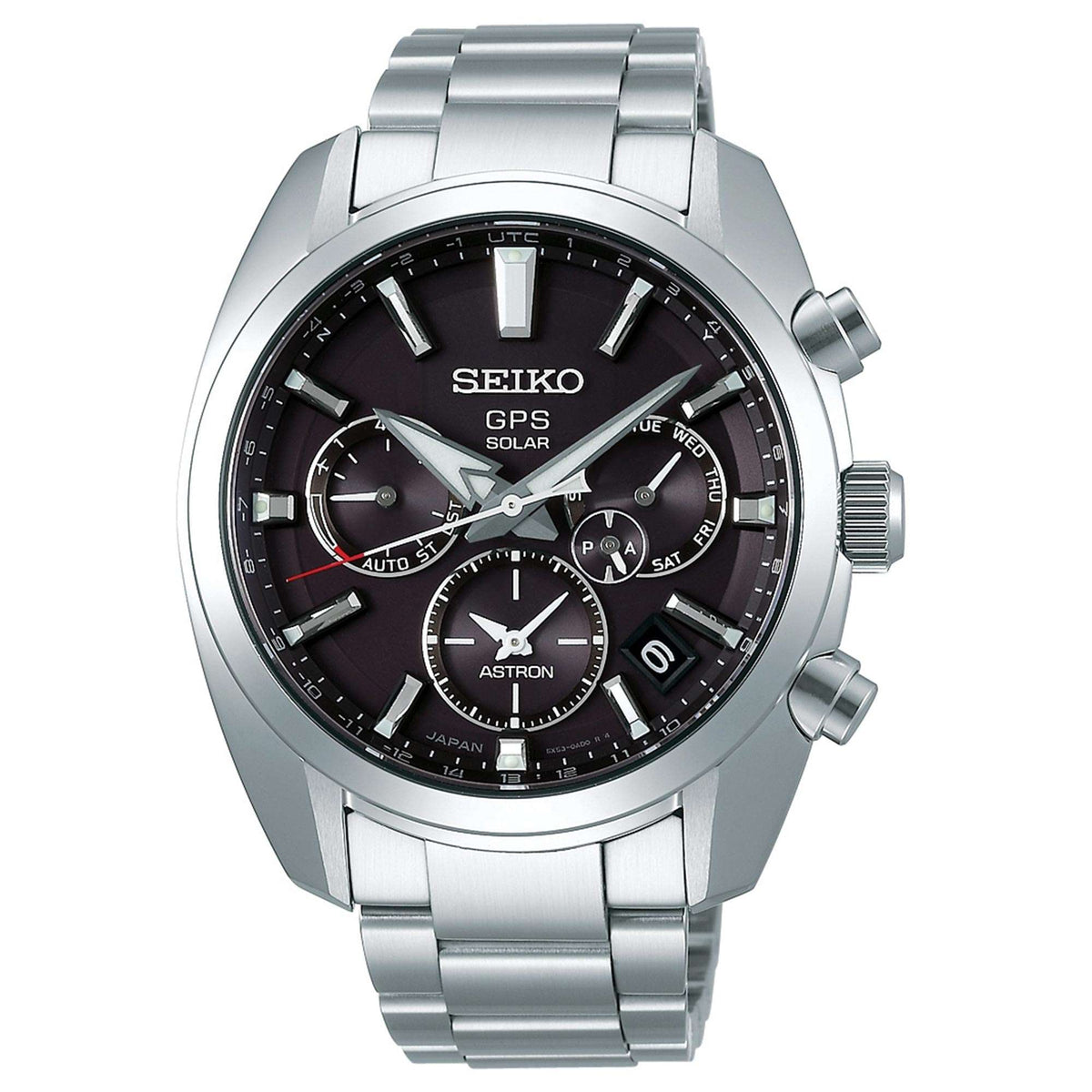 Men's Seiko GPS Solar watch front view, black dial and stainless steel bracelet