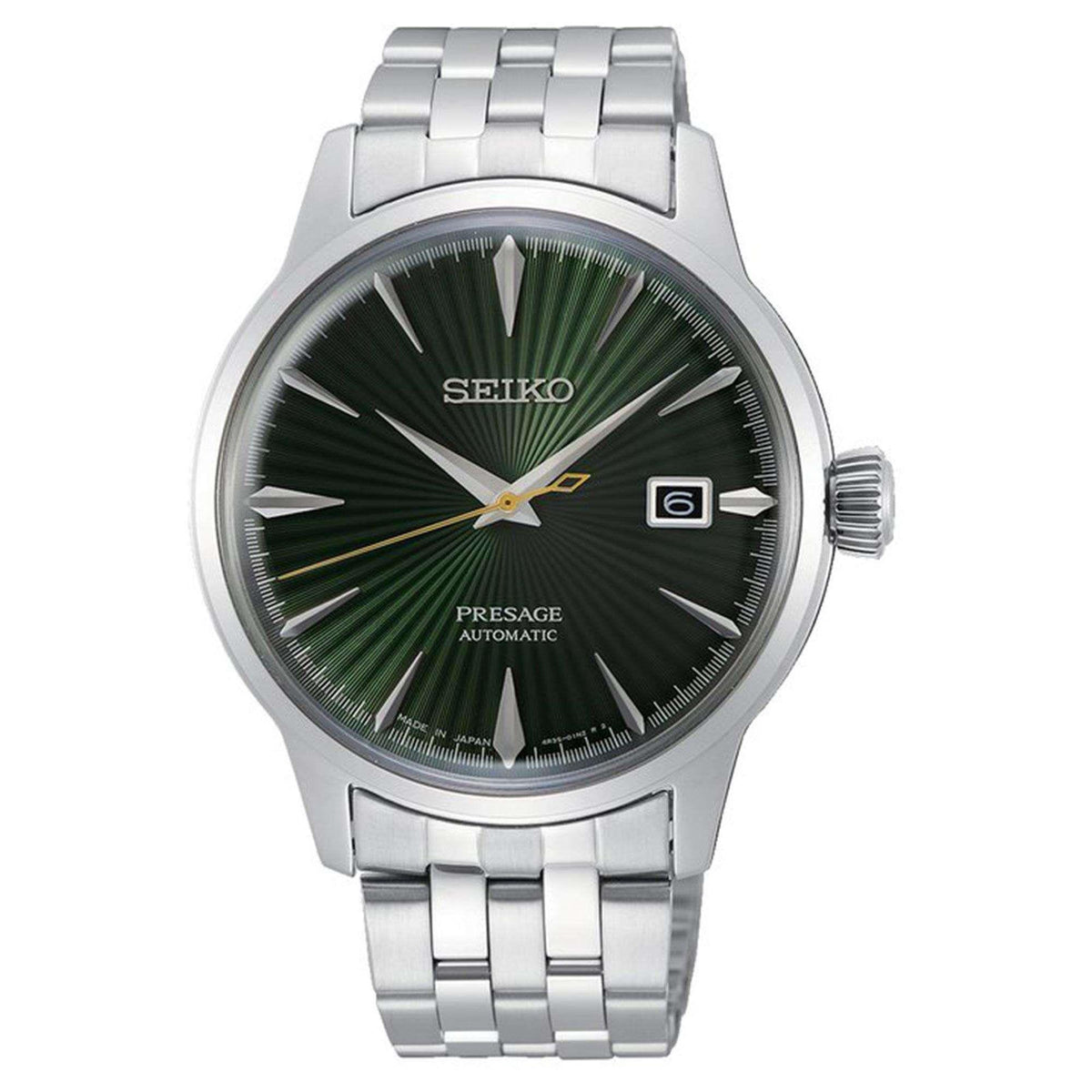 Men's automatic wristwatch, green dial, silver stainless steel bracelet, day-date window