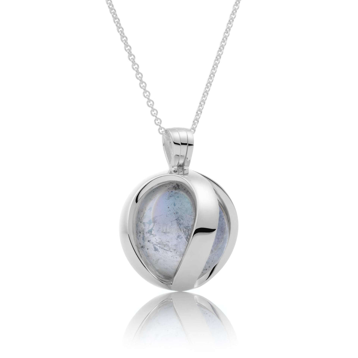 Polished teardrop cabochon pendant in round frame with silver chain