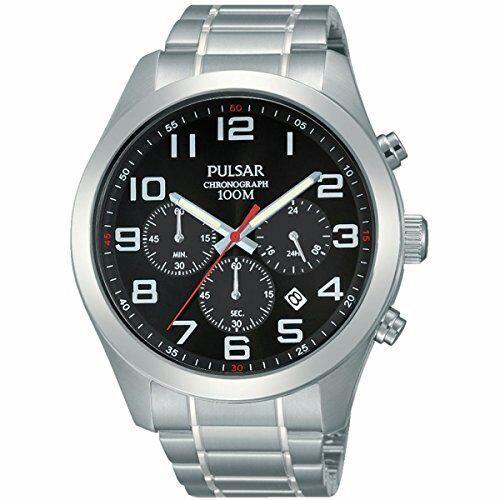 Stainless steel men's chronograph watch with black dial, multiple subdials and red seconds hand
