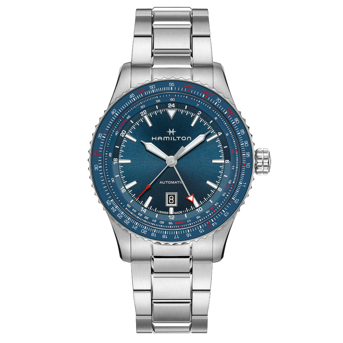 Front view men's automatic steel watch with blue dial, bezel markings, and date.