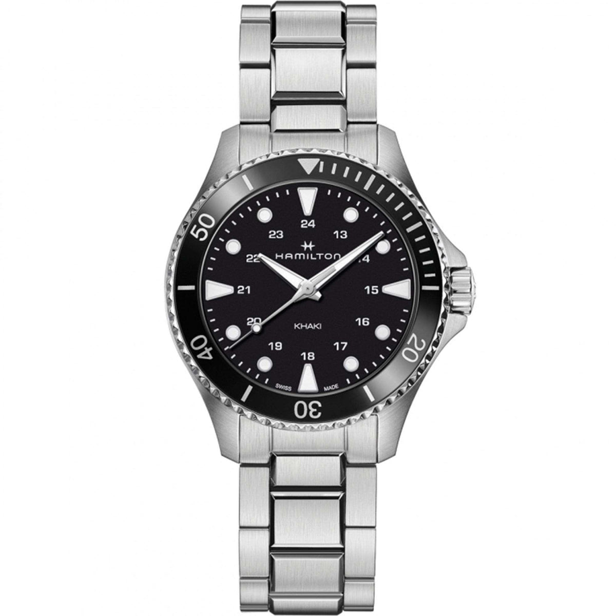 Hamilton men's stainless steel quartz wristwatch, black dial and bezel, link bracelet