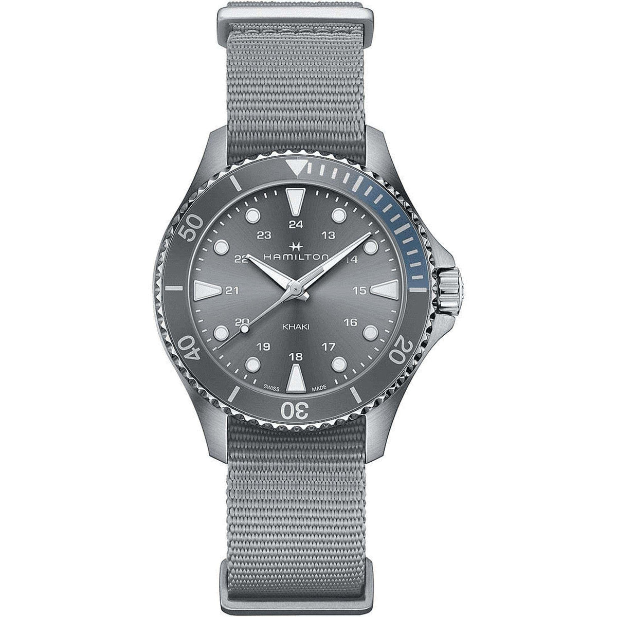 Men's quartz wristwatch with grey dial, silver bezel markers, and grey NATO woven strap