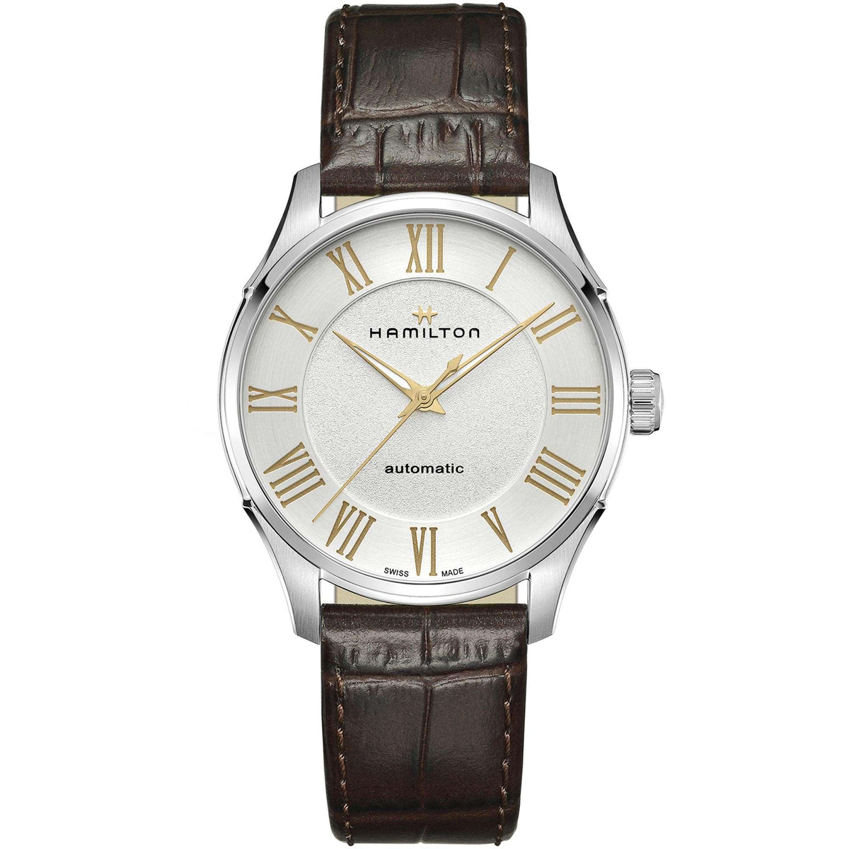 Men's Hamilton automatic wristwatch, white Roman dial, silver case, brown leather strap