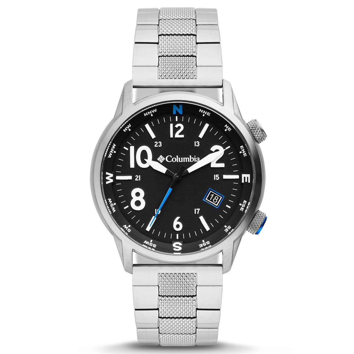 Men's stainless steel watch with black dial, Arabic numerals, and blue accent markers