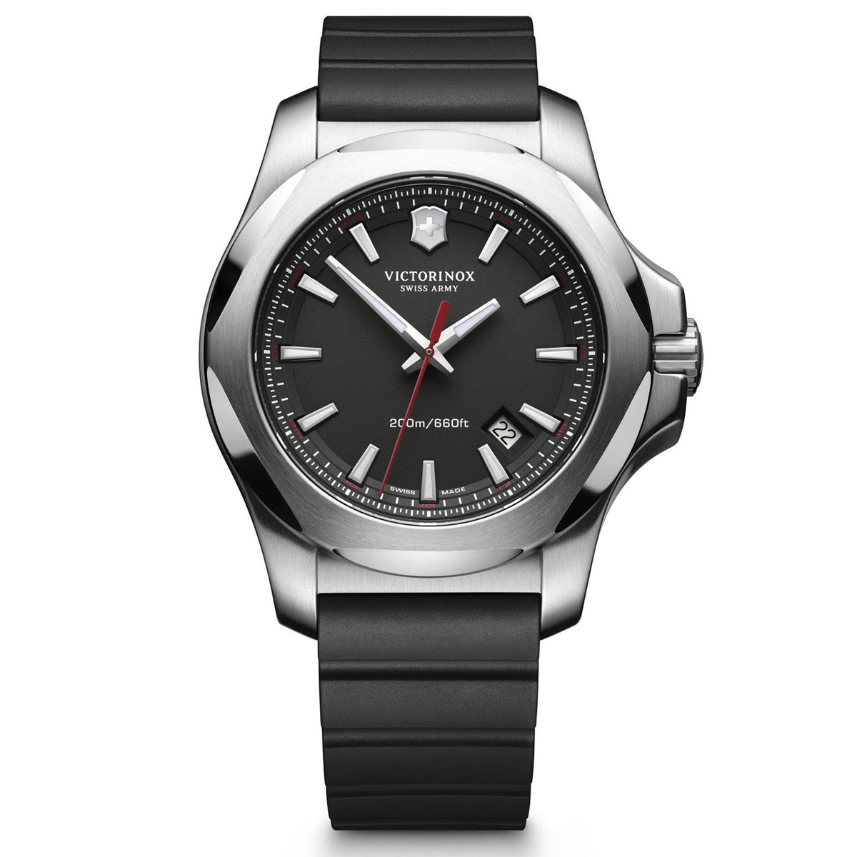Stainless steel-cased quartz wristwatch with black dial and black rubber strap