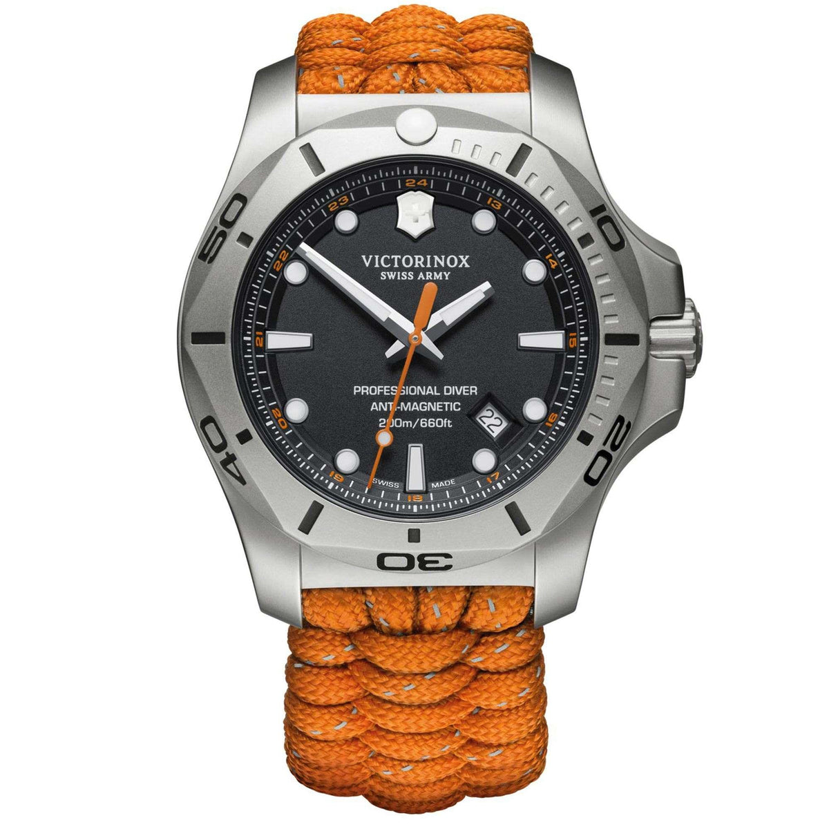 Men's diver watch front view, black dial, stainless steel bezel, orange textile strap