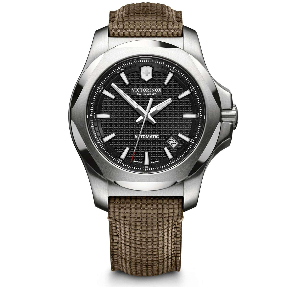 Victorinox I.N.O.X men's mechanical watch front with black dial and brown woven strap