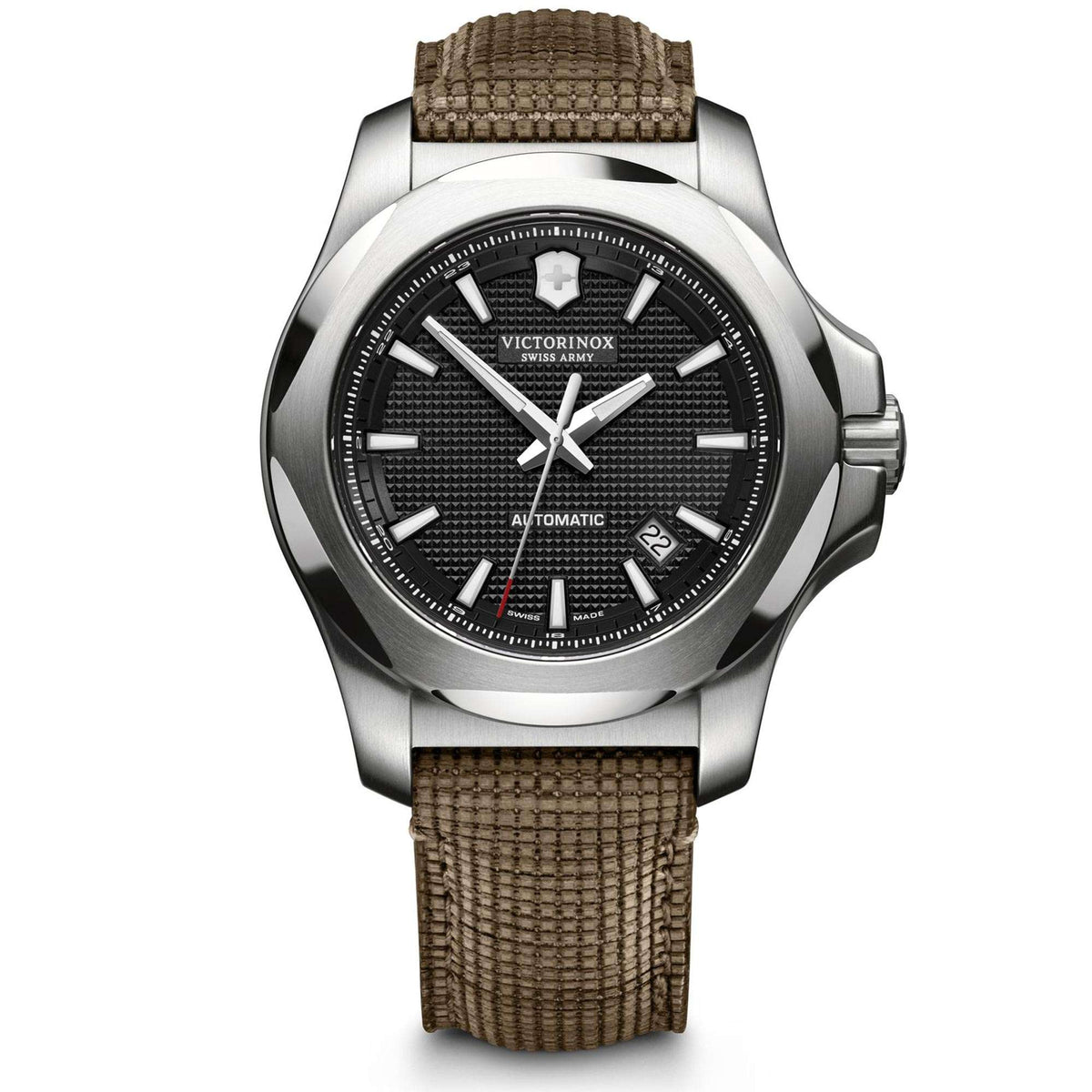 Victorinox I.N.O.X men's mechanical watch round steel case with black dial and brown woven strap