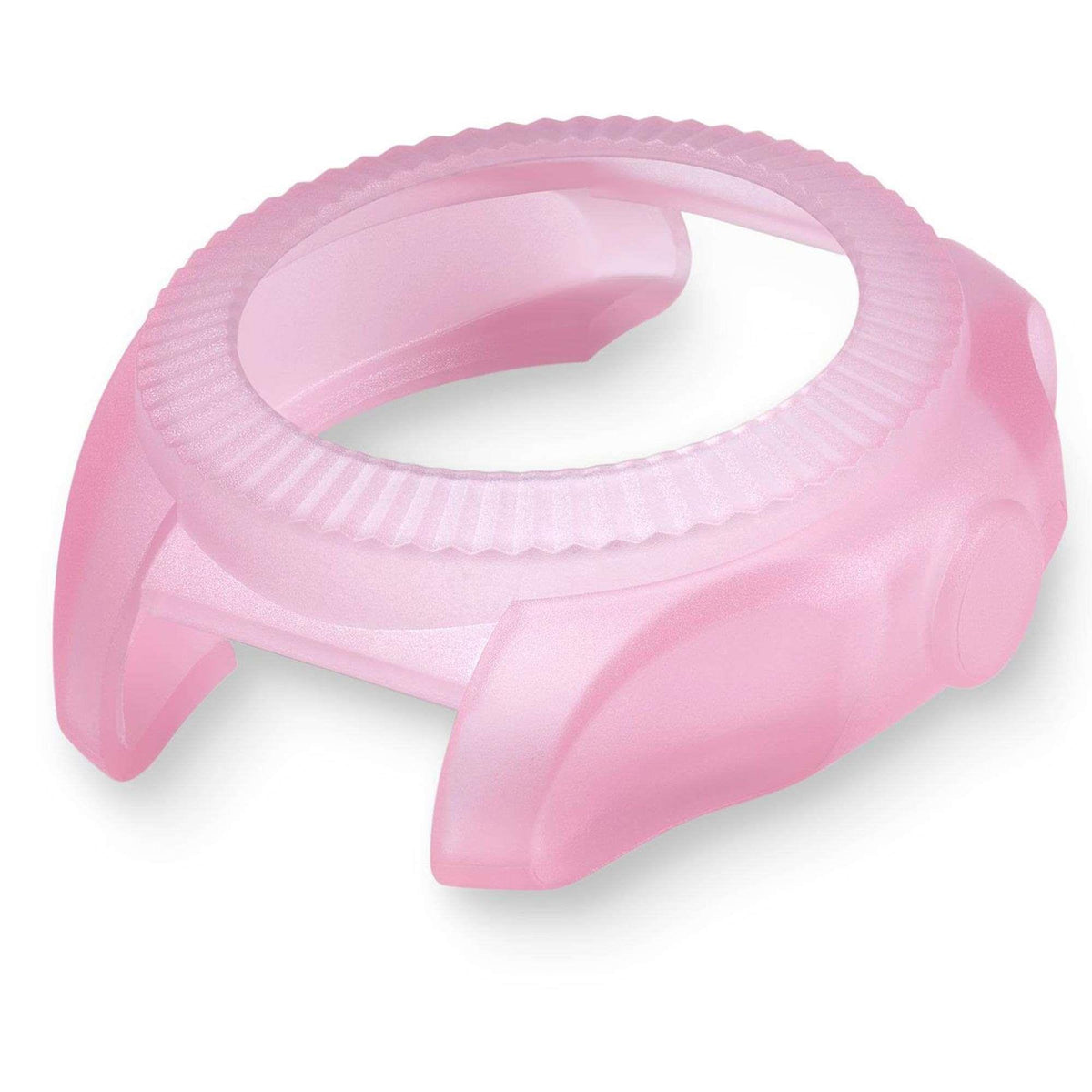 Pink rubber watch buckle and strap end, close-up with curved profile