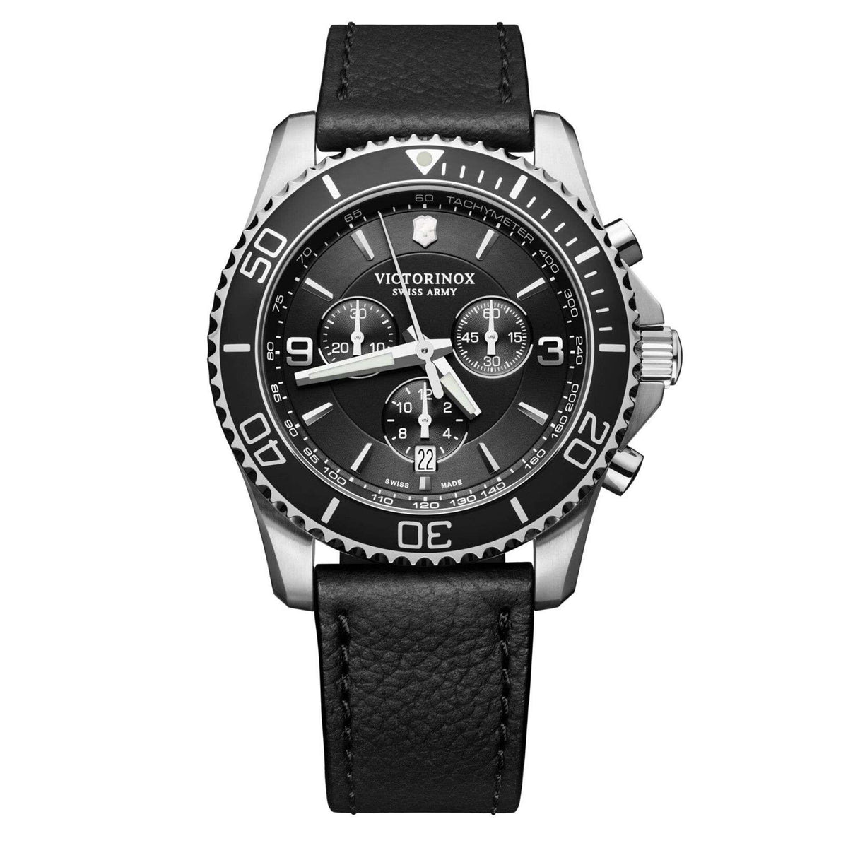 Men's round watch with black dial and black leather strap; tachymeter-style outer ring