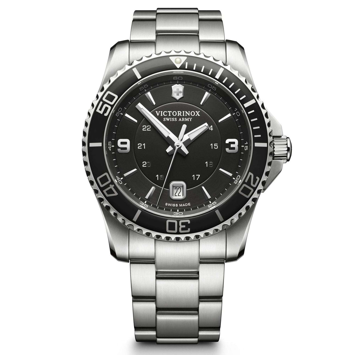 Men's stainless steel diver-style wristwatch with black dial and date window