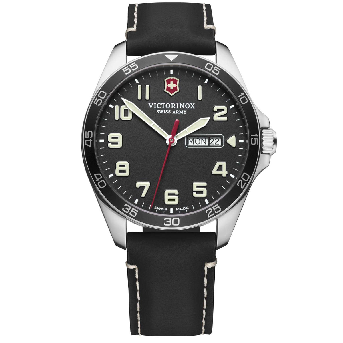 Men's wristwatch front view with black dial, silver case, and black leather strap