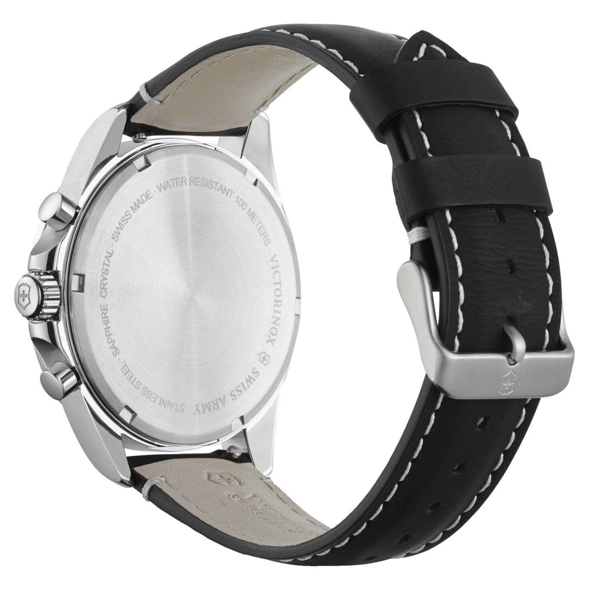 Men's chronograph watch angled rear view with black leather strap and engraved back plate