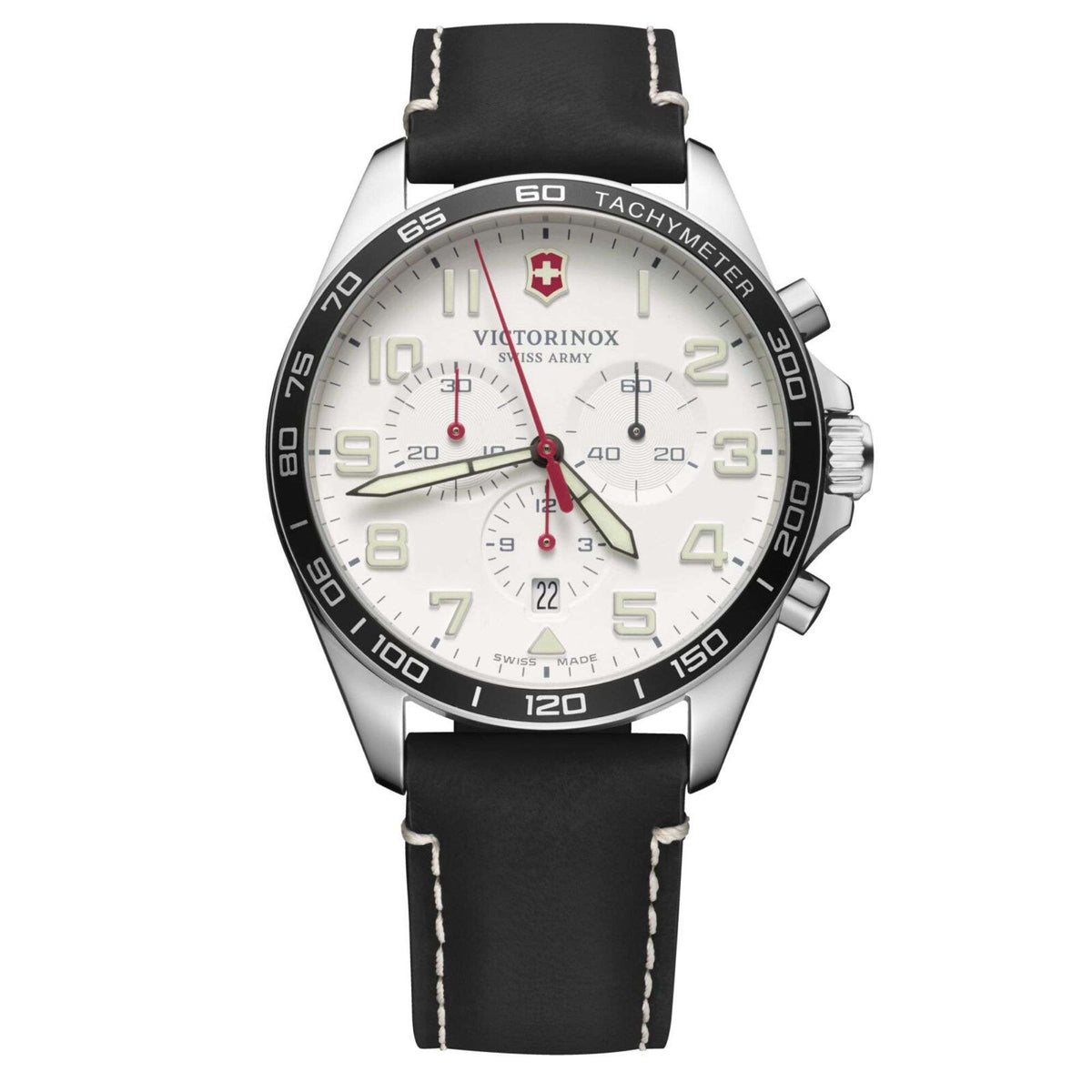 Men's chronograph watch: white dial, tachymeter bezel, black leather strap, red chronograph