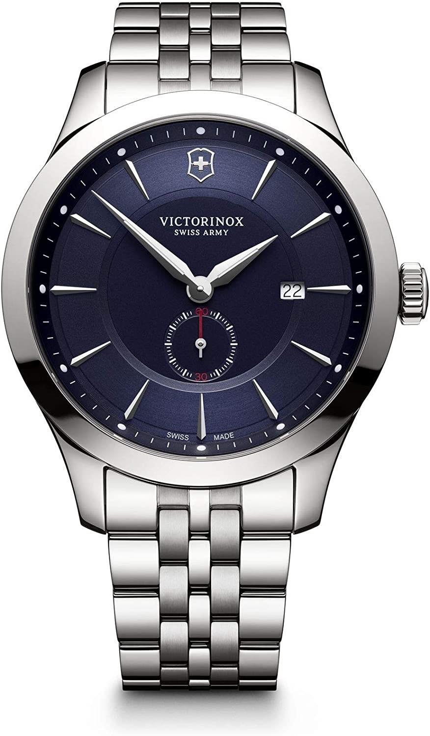 Victorinox Swiss Army men's watch front view, navy dial, silver bracelet, date window