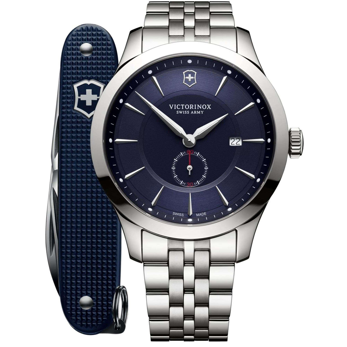 Men's stainless steel bracelet watch with blue dial and dark blue textured strap attached