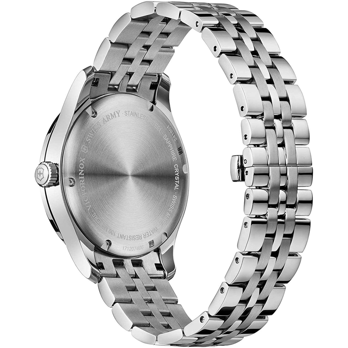 Men's stainless steel bracelet watch, close-up side view of metal bracelet links