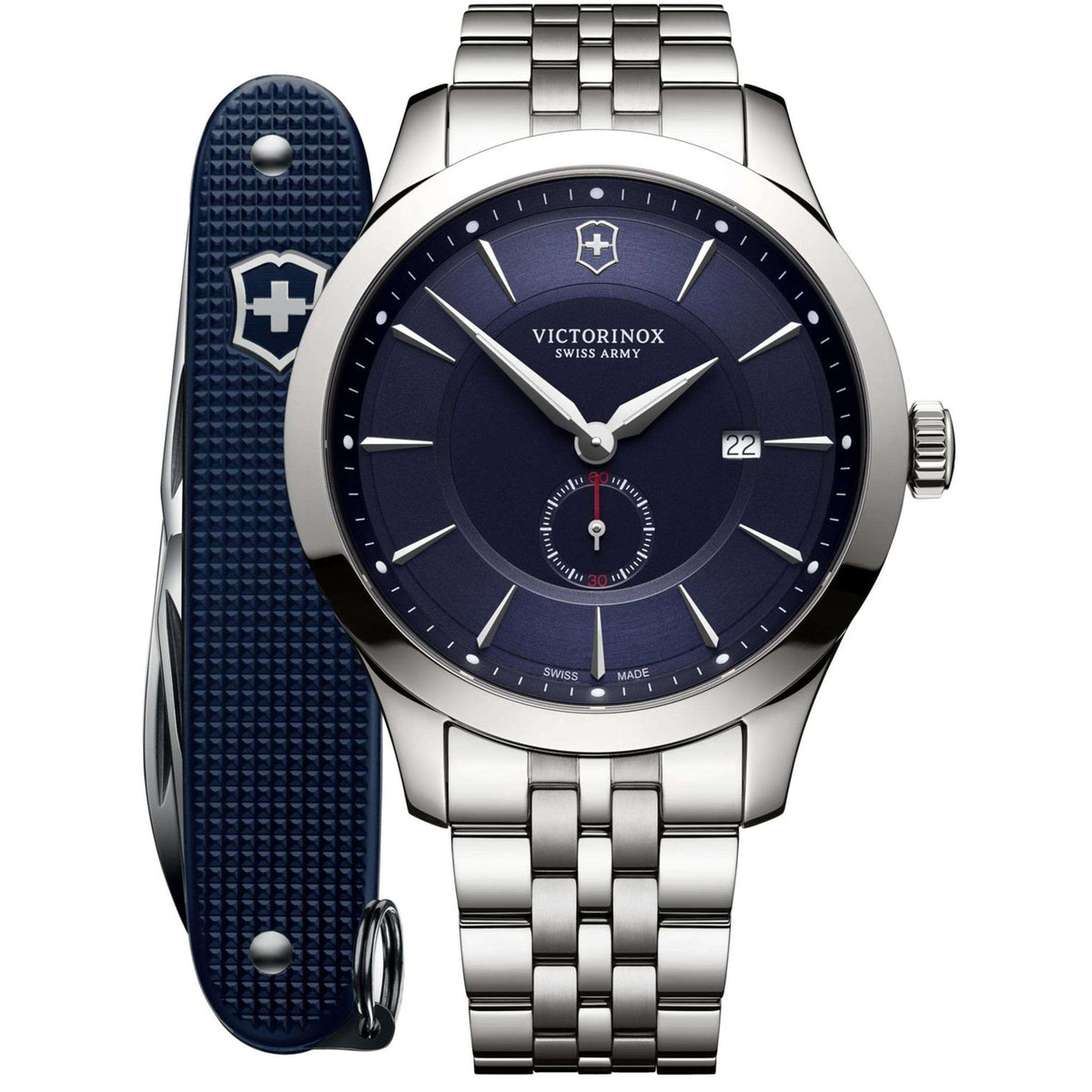Men's stainless steel bracelet watch with blue dial, dark blue strap, and silver bezel