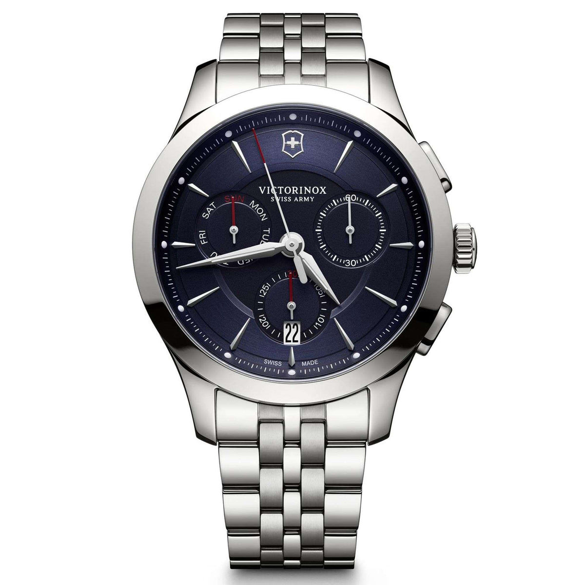 Men's chronograph wristwatch, blue dial with subdials, silver stainless bracelet