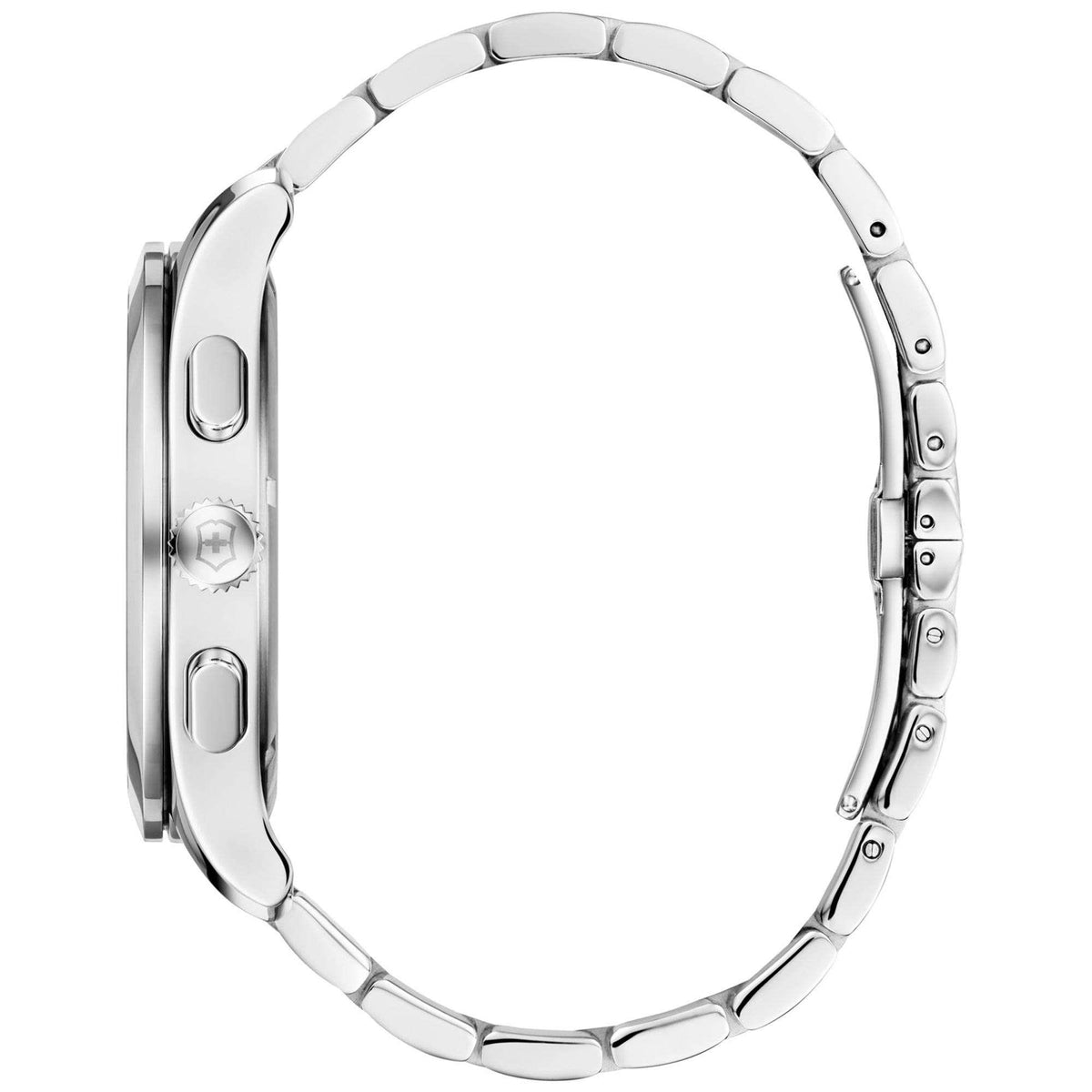 Silver stainless steel watch case with crown details and linked bracelet