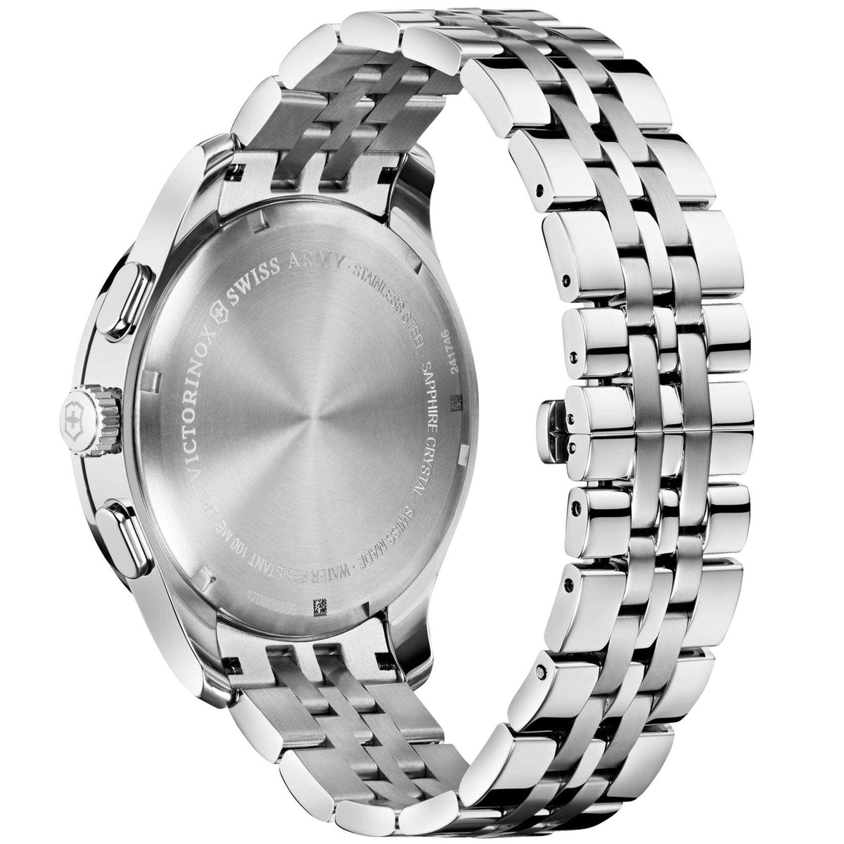 Stainless steel caseback with engraved wording, silver metal bracelet