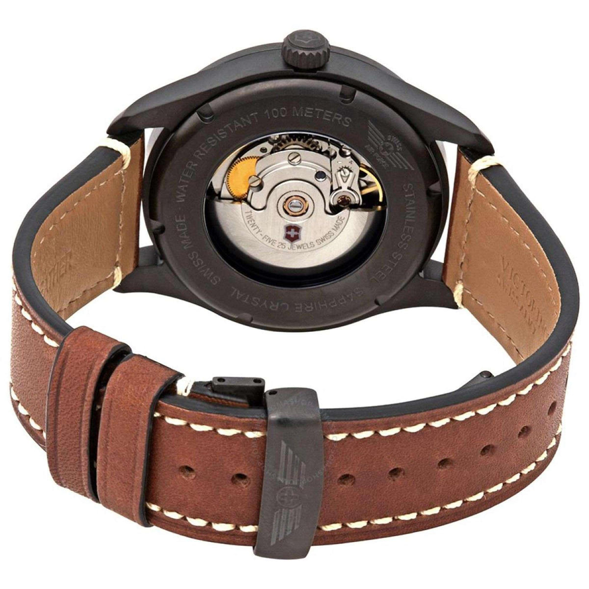 Men's Victorinox Swiss Army Airboss watch caseback with visible movement and brown leather strap
