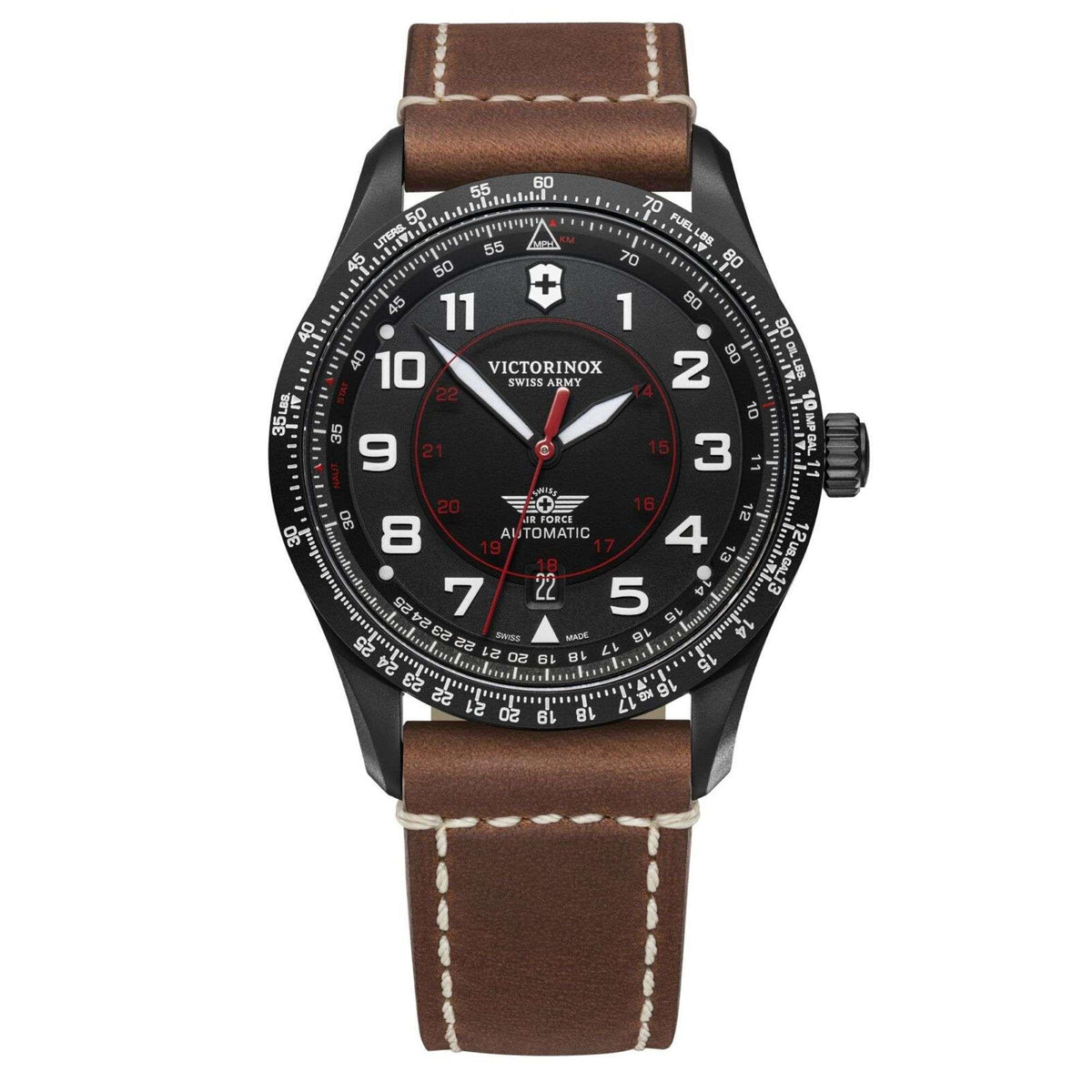 Men's mechanical watch front view: black dial with red pointers and brown leather strap.