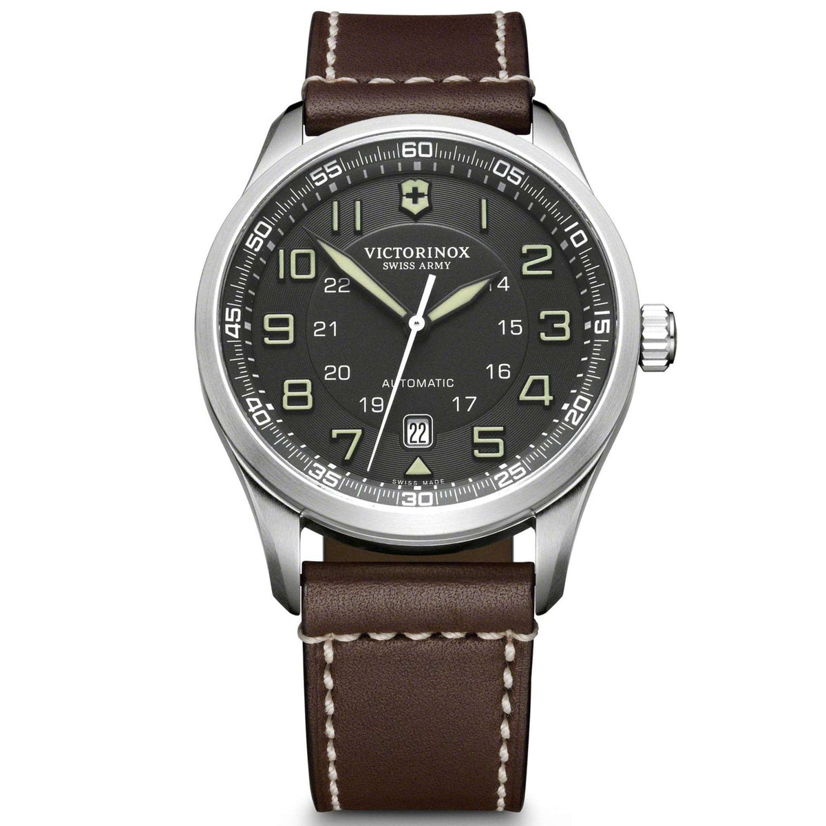Men's mechanical wristwatch front view; dark grey dial, brown leather strap, steel case