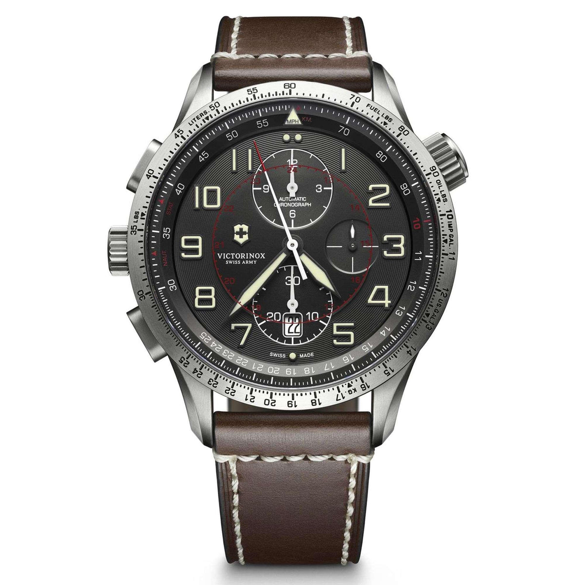 Men's automatic chronograph watch with grey dial, brown leather strap, silver case