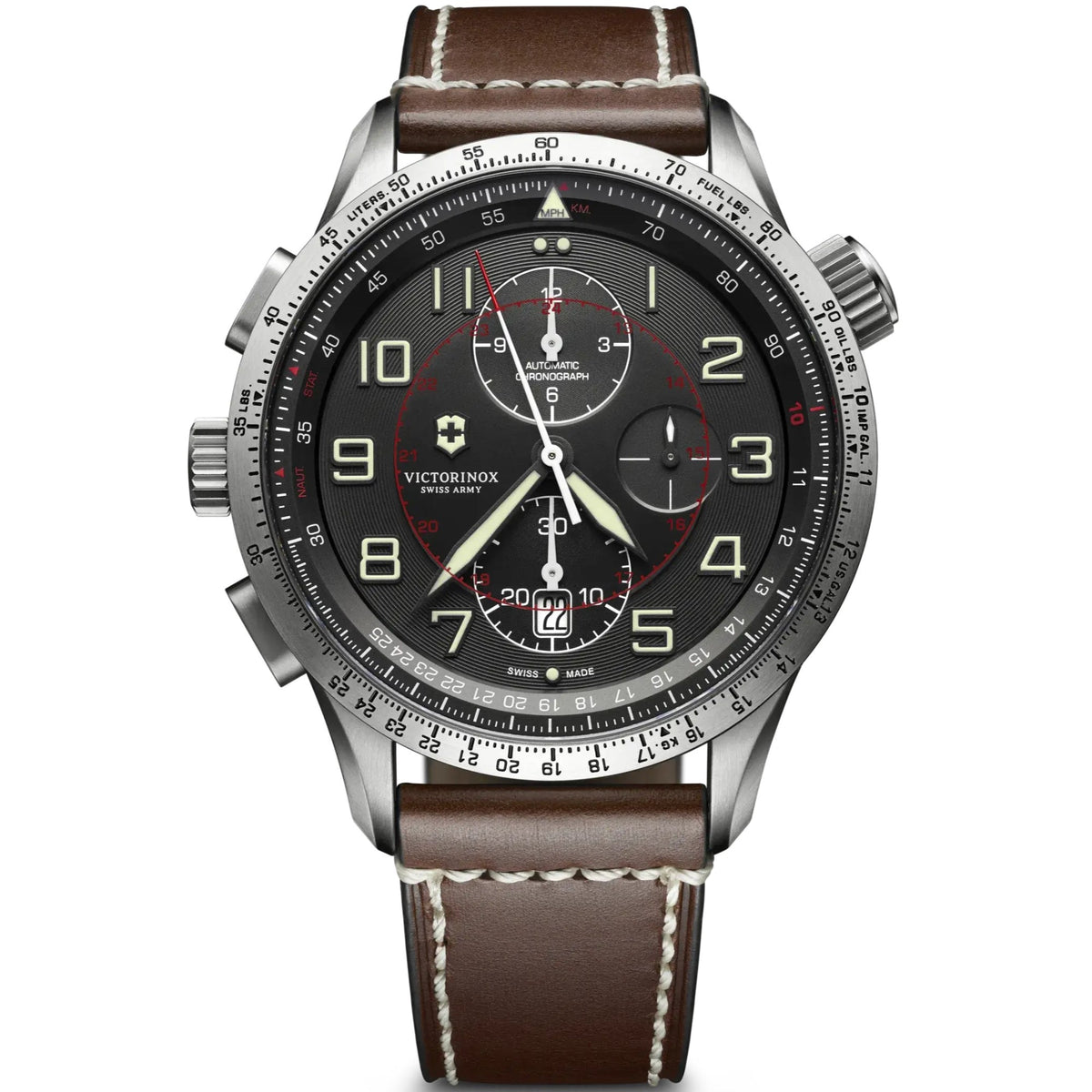Men's automatic watch with grey dial and brown leather strap, silver case and tachymeter bezel
