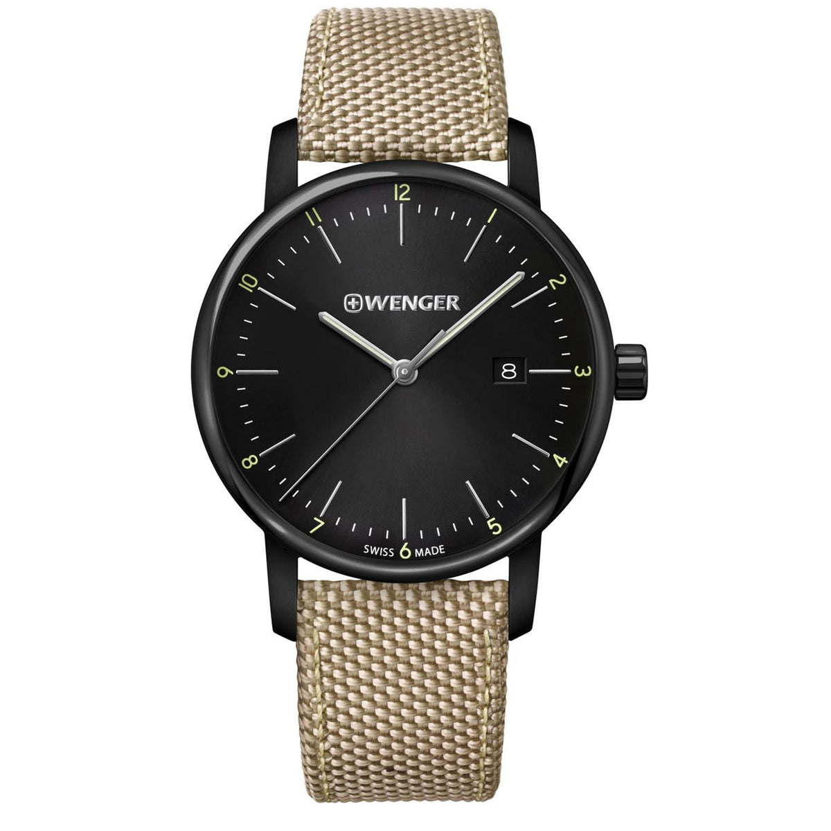 Men's Wenger quartz watch with black dial and beige woven nylon strap, round case
