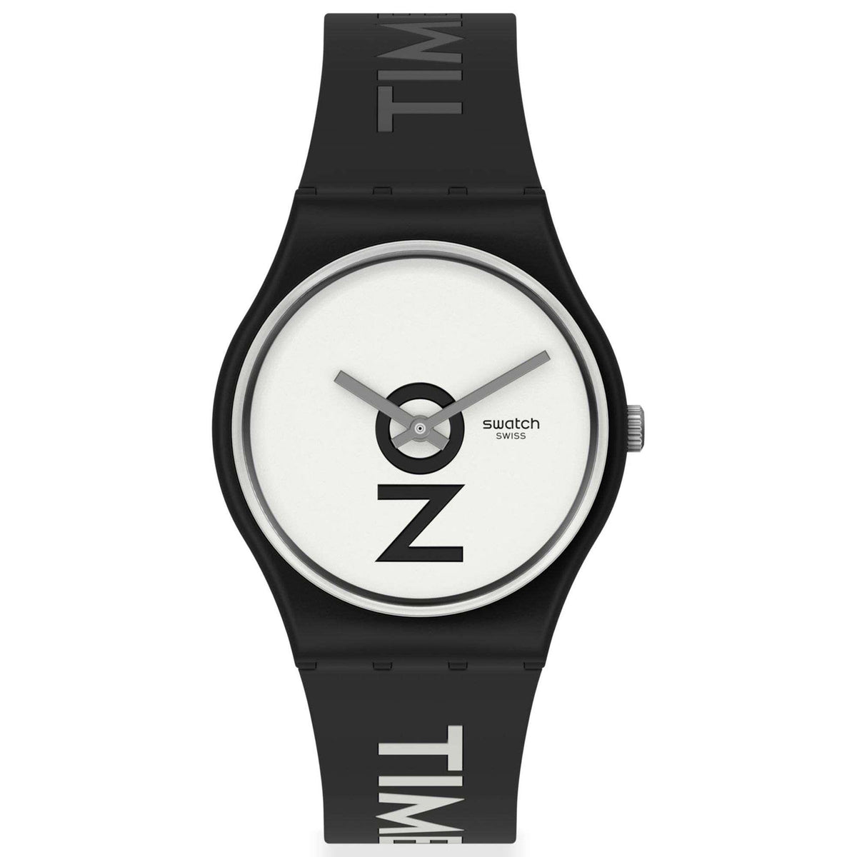 Quartz wristwatch with white dial, black bezel, and black silicone strap