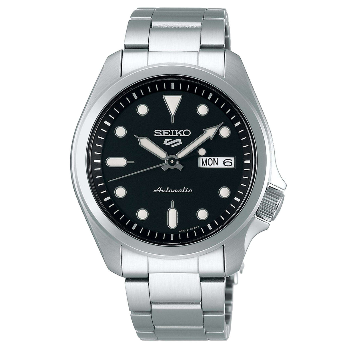 Men's Seiko 5 Sports diver-style watch, black dial, silver stainless bracelet and crown