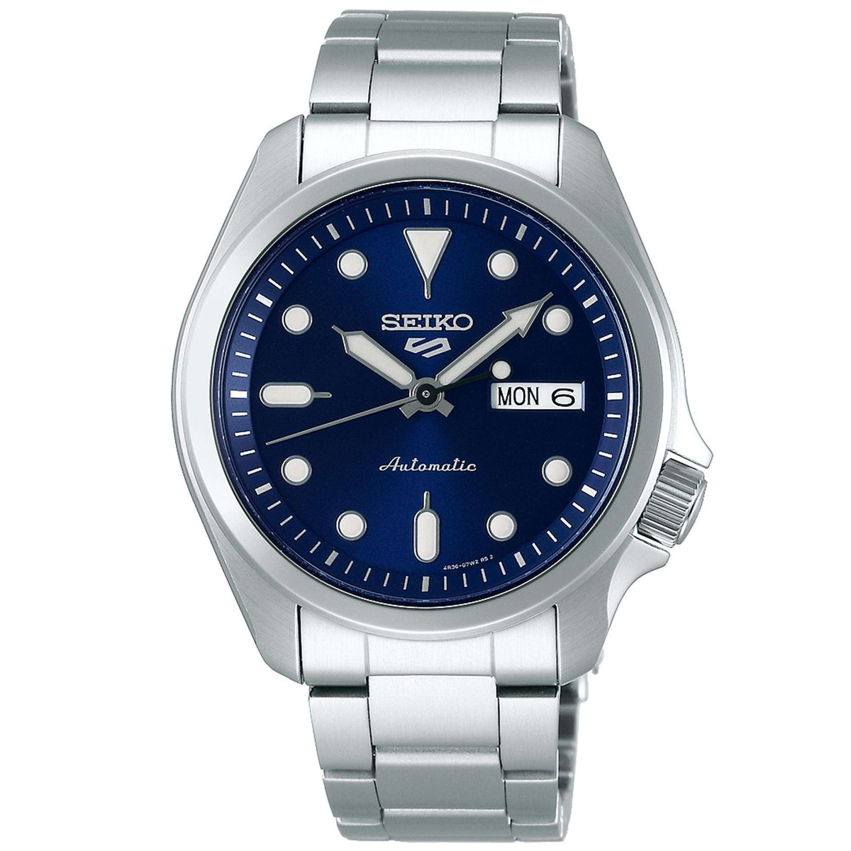Stainless steel automatic men's watch with blue dial, silver bracelet, and side crown detail