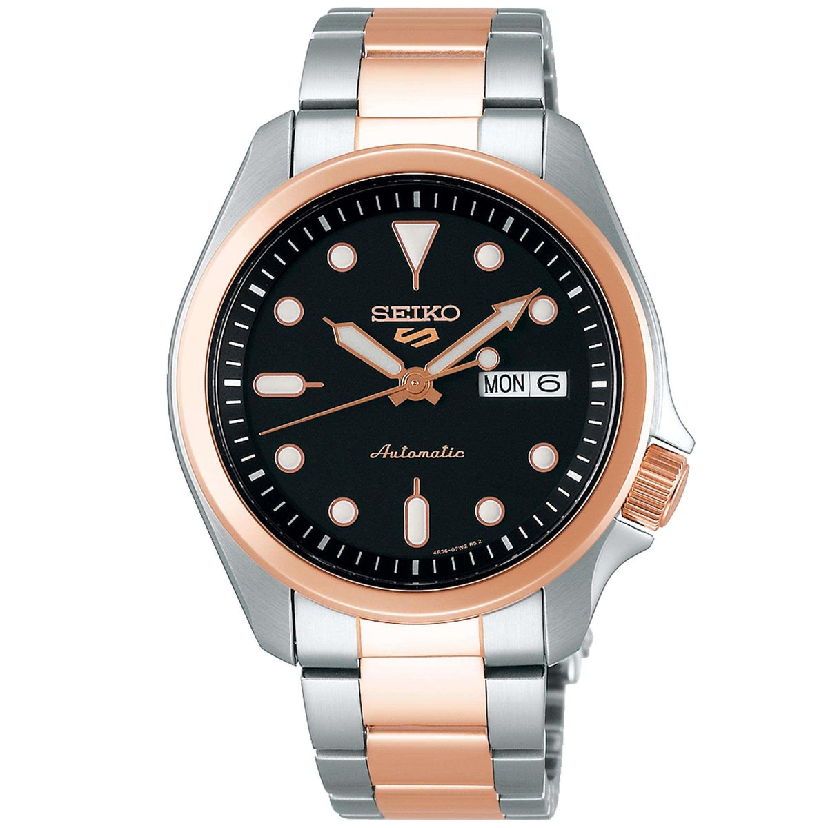 Seiko men's automatic watch with black dial, rose-gold markers, and MON date window