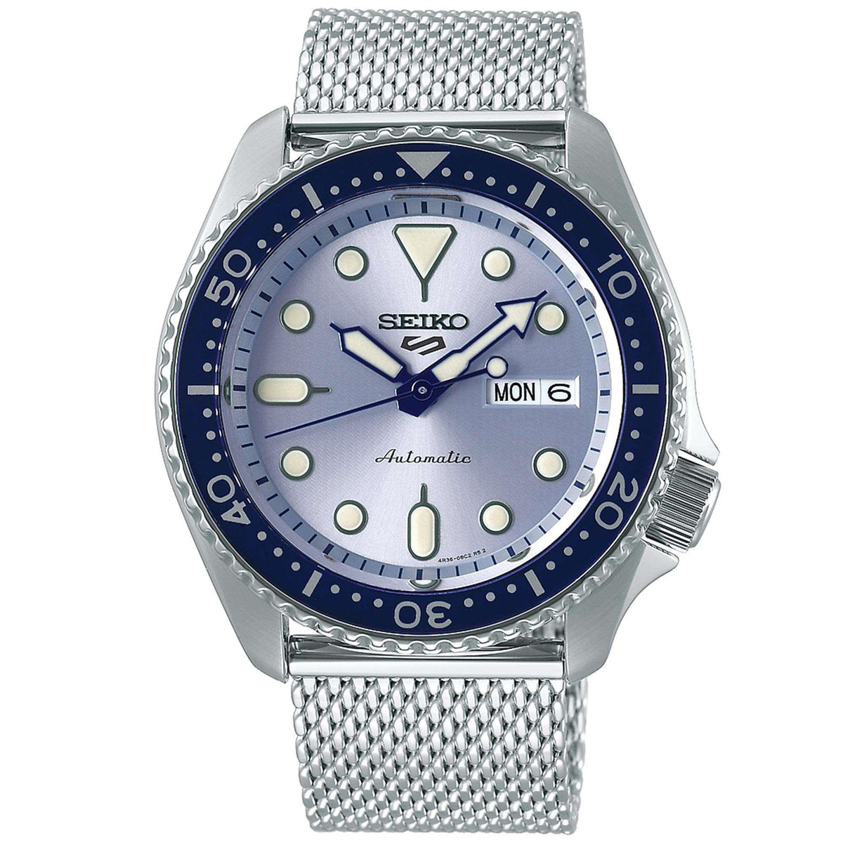 Men's Seiko 5 Sports automatic watch with blue dial and silver mesh stainless steel band