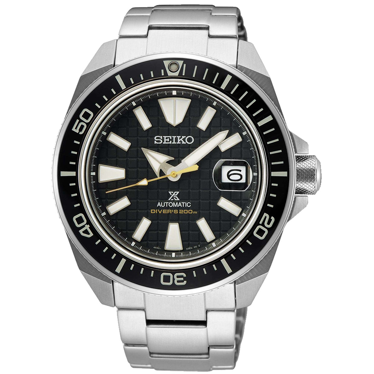 Men's stainless steel diver watch with black dial and silver bracelet, rotating bezel.