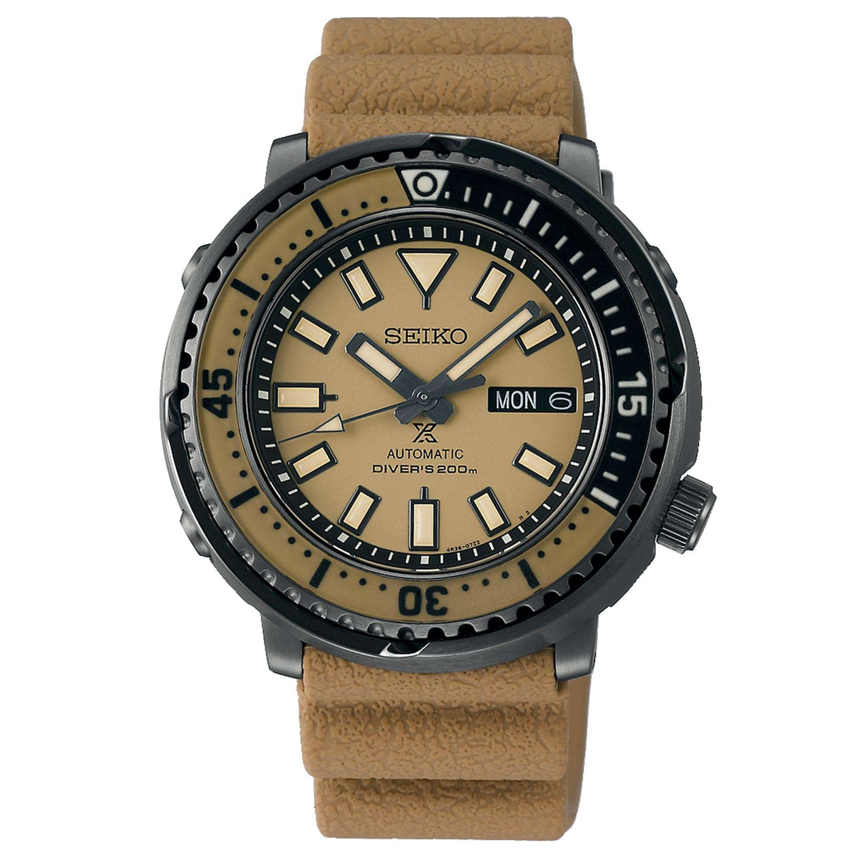 Automatic diver watch with beige dial, black bezel, tan leather strap and date window