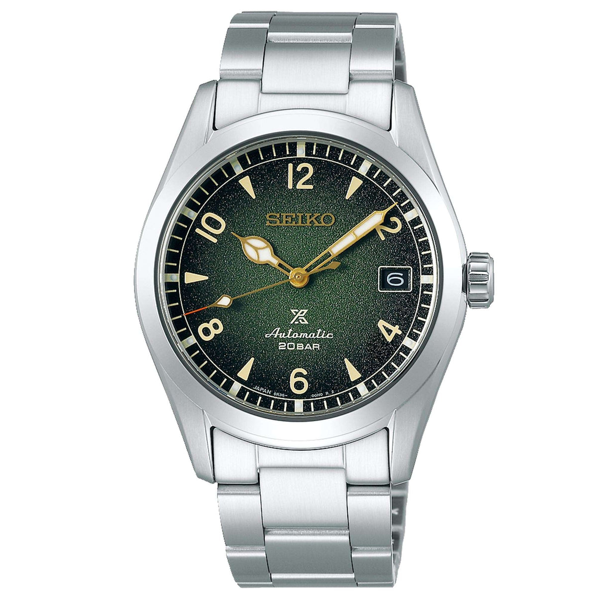 Men's SEIKO Prospex steel watch with green dial, gold markers, and date window