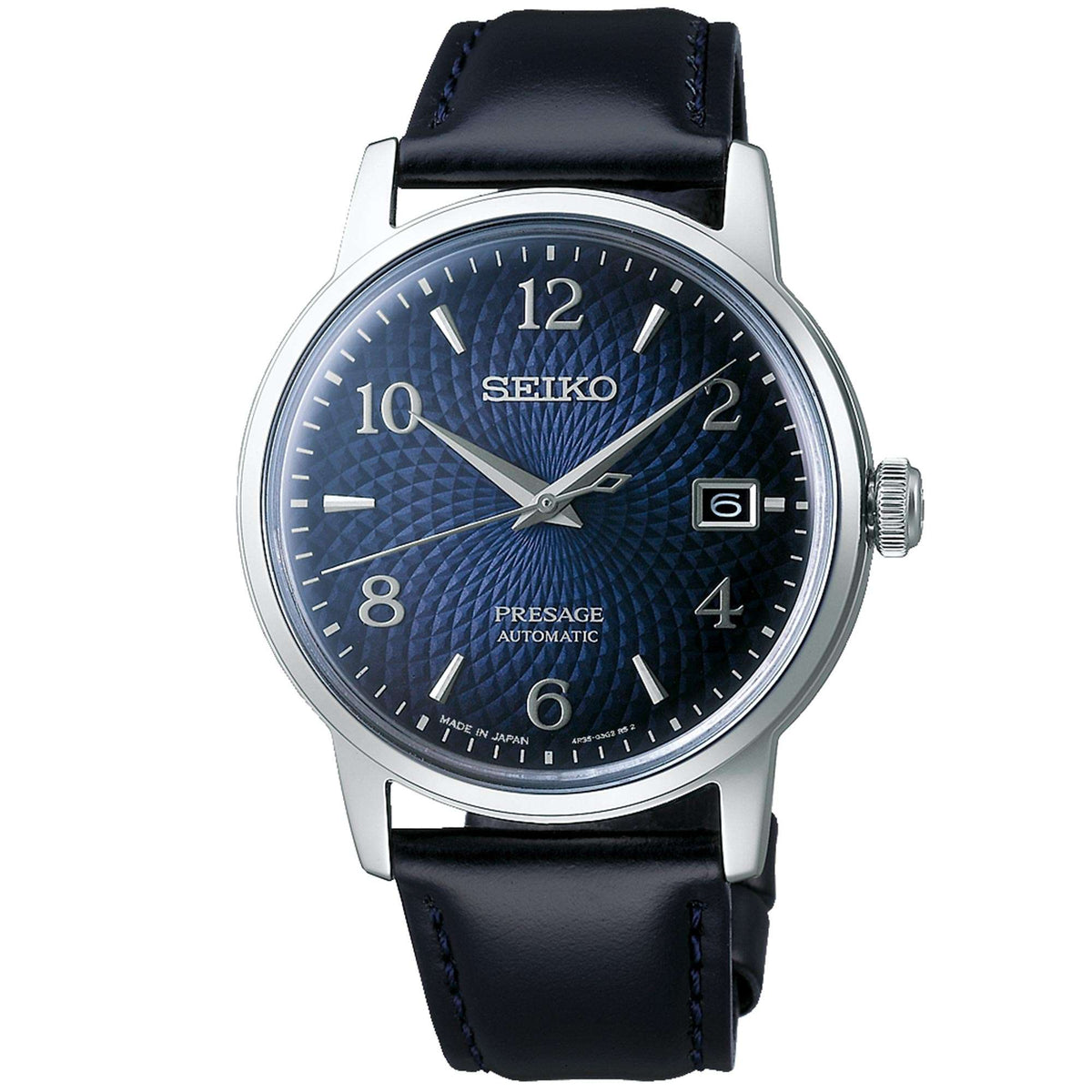 Men's automatic wristwatch with blue textured face, silver bezel, black leather strap