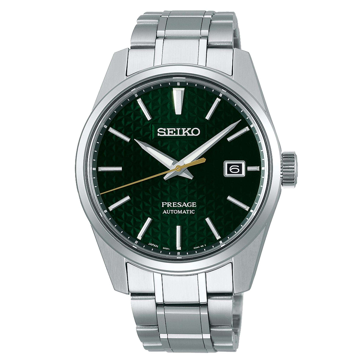 Men's automatic wrist watch with green dial and silver stainless bracelet, round case