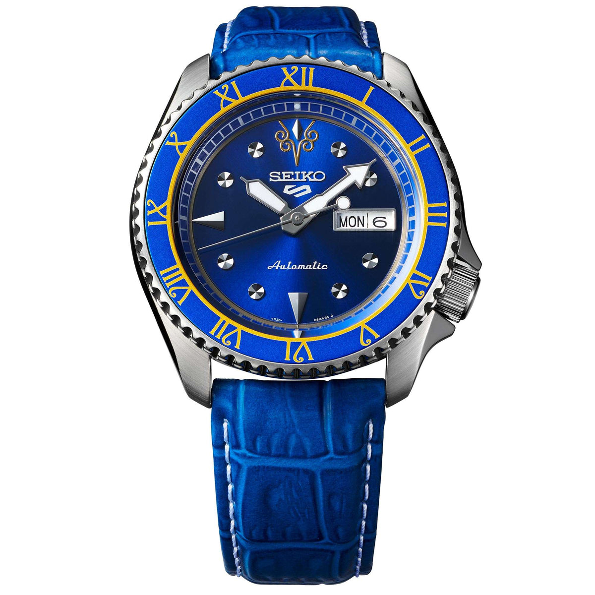 Blue dial Seiko watch with blue bezel, MON day/date window, blue leather strap