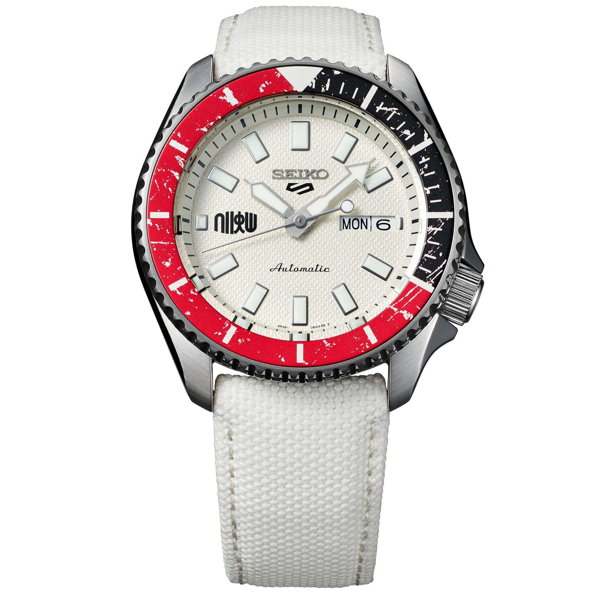 Round stainless watch with white dial, red outer bezel, and textured white fabric strap
