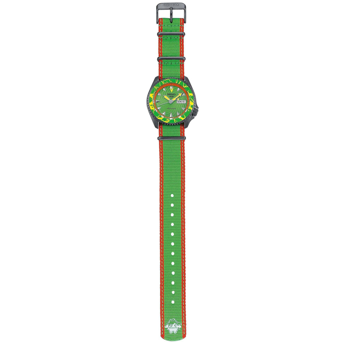 Automatic wristwatch on green-red nylon strap, round green dial, full side profile