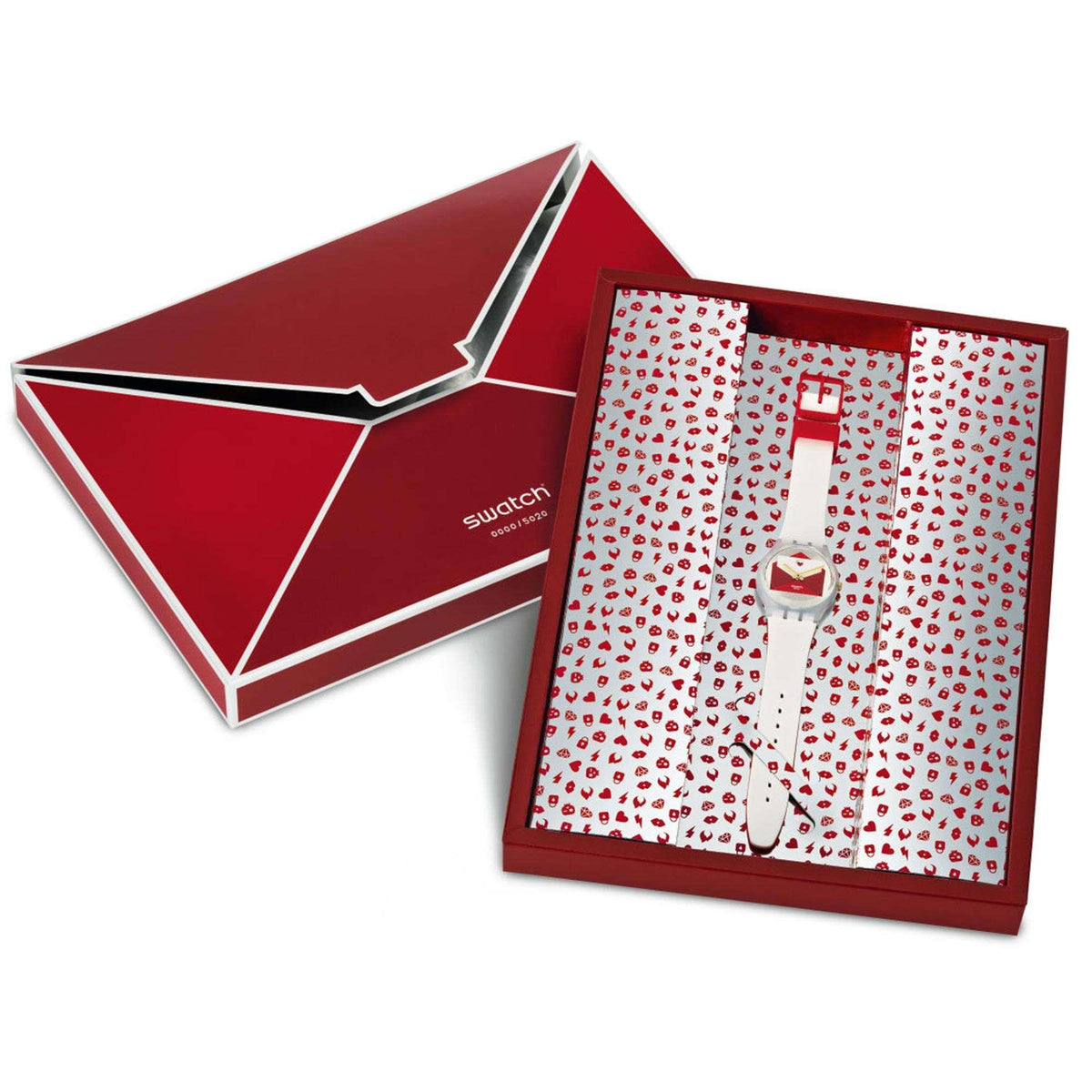 Swatch watch gift box with red envelope design and patterned interior cards