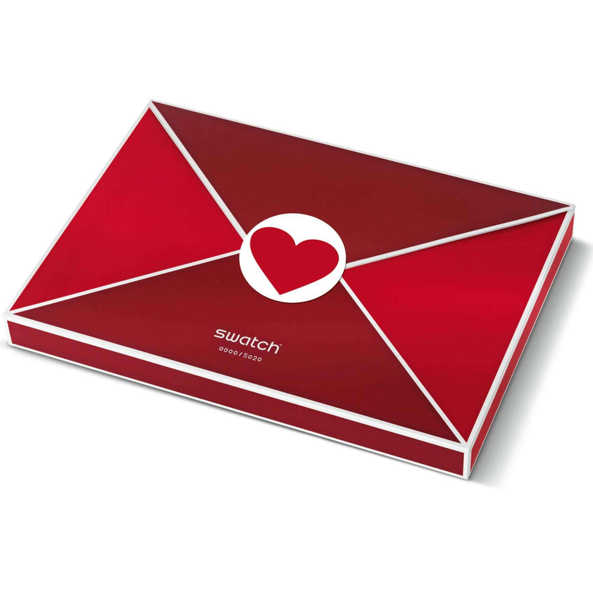 Red Swatch gift box with envelope silhouette and heart emblem on front