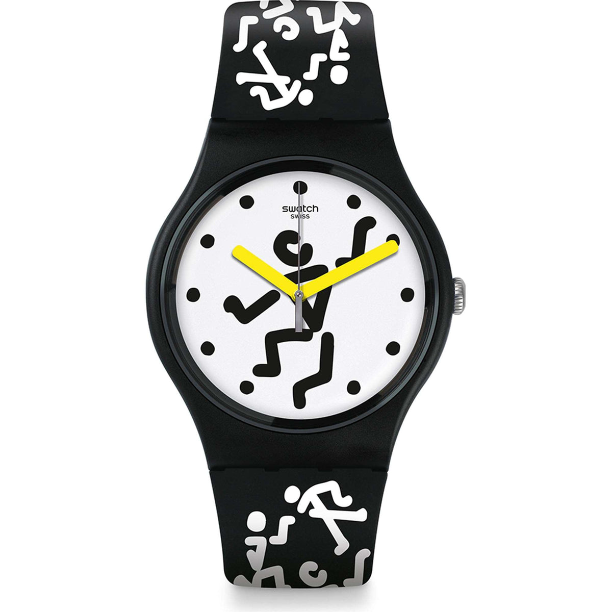Men's quartz wristwatch featuring black silicone strap and white dial with yellow hands, music icons